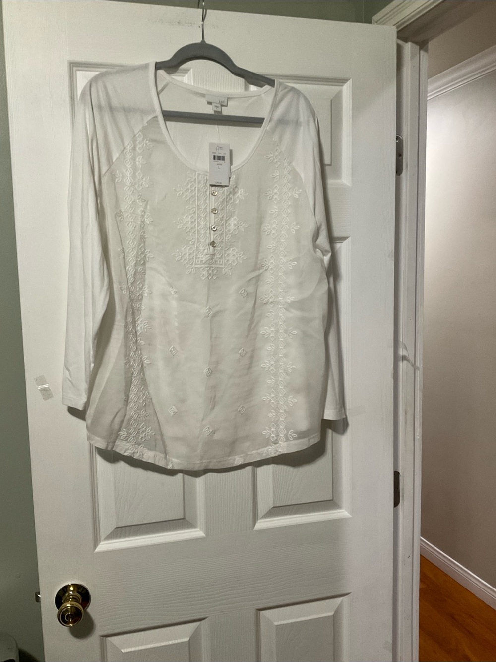 J. Jill White Embroidered Long-Sleeve Scoop Neck Tunic